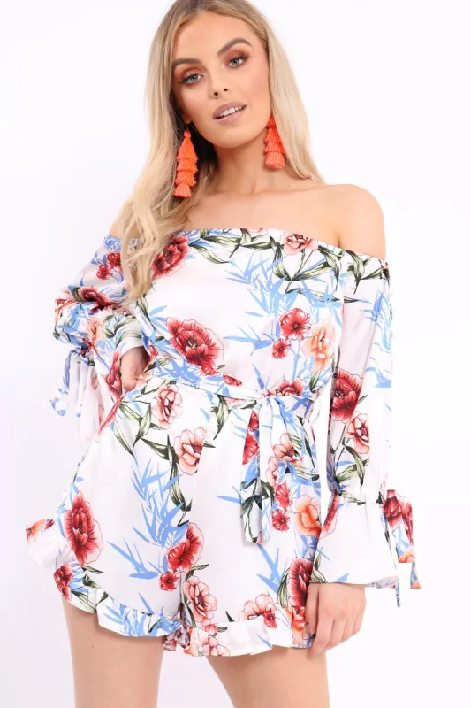 White Floral Bardot Playsuit with Frill Hem and Cuffs - Farhanna sold by Rebellious Fashion