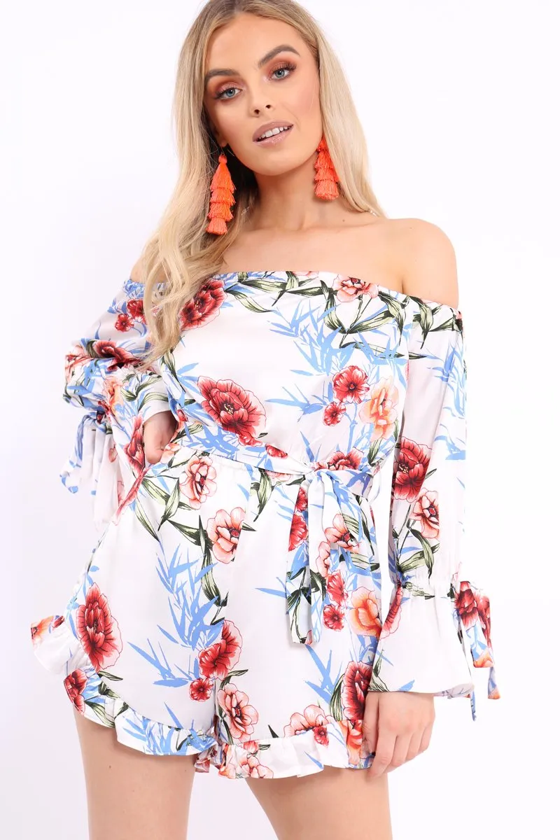 White Floral Bardot Playsuit with Frill Hem and Cuffs - Farhanna sold by Rebellious Fashion
