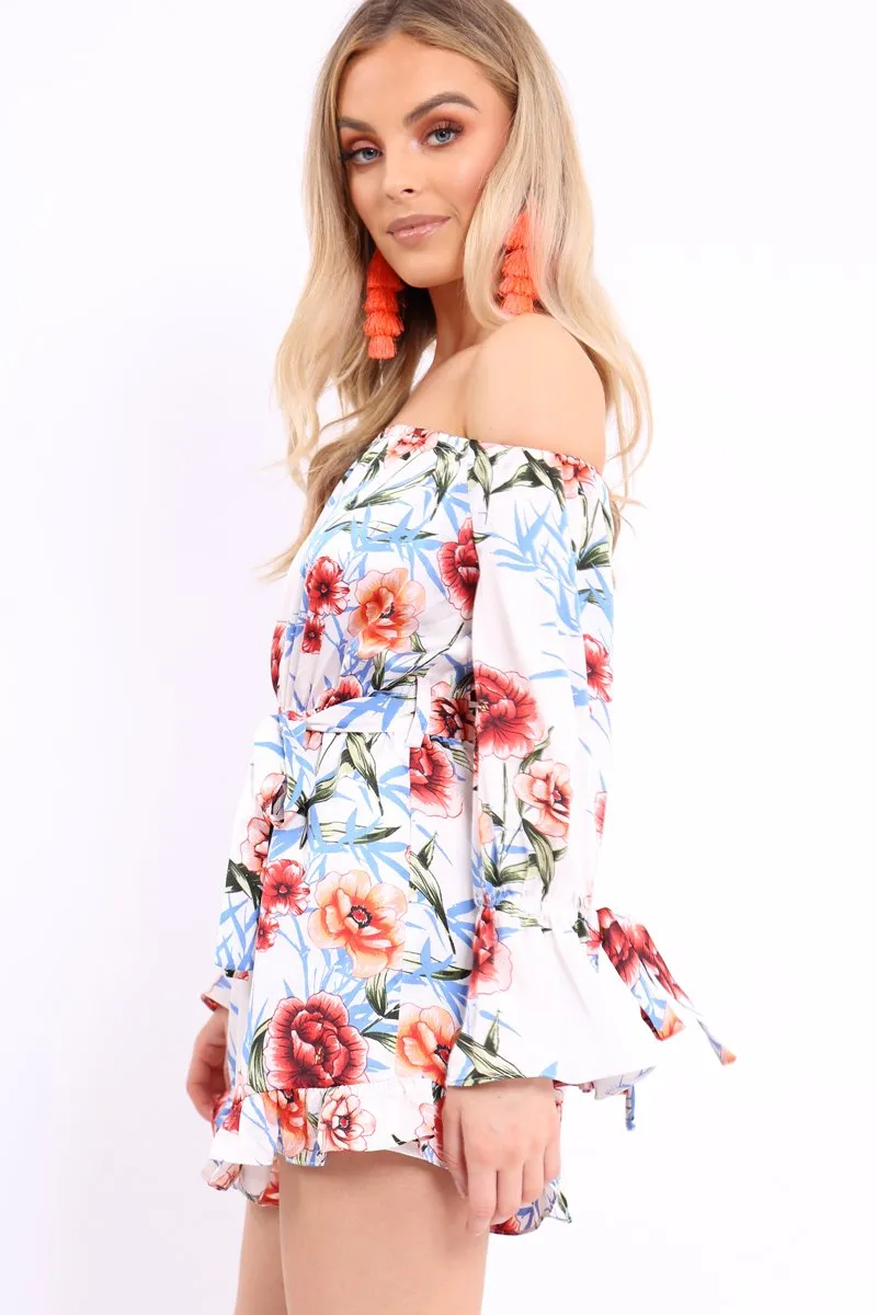 White Floral Bardot Playsuit with Frill Hem and Cuffs - Farhanna sold by Rebellious Fashion product image thumbnail 3