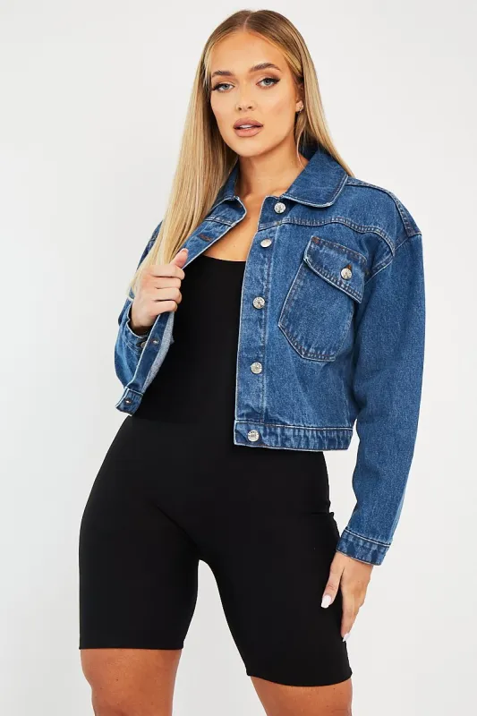 Mid Blue Pocket Cropped Denim Jacket - Cerise sold by Rebellious Fashion
