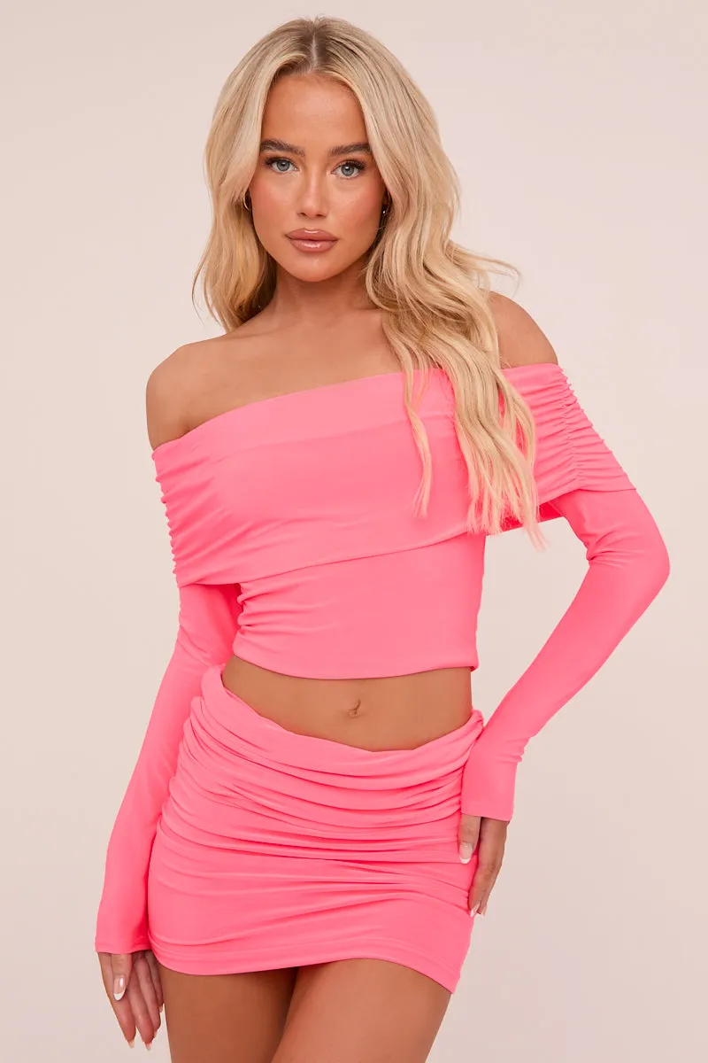 Pink Bardot Cropped Top & Mini Skirt Co-ord Set - Ariel sold by Rebellious Fashion