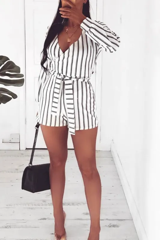 White And Black Stripe Wrap Over Playsuit - Havannah sold by Rebellious Fashion