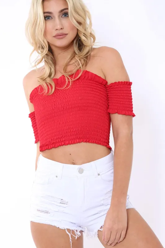 Red Bardot Frill Shirred Crop Top - Kailah sold by Rebellious Fashion