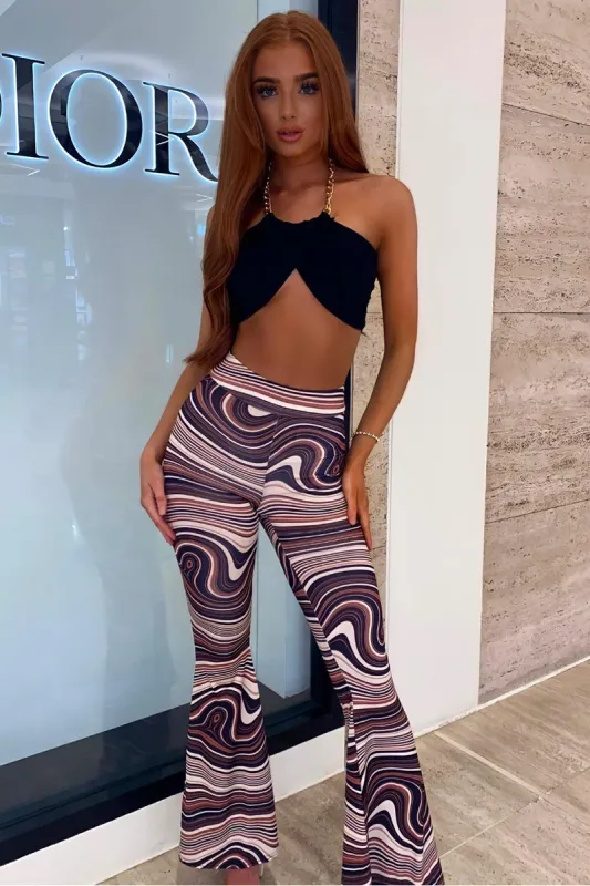 Brown Stripe Print Ruched Bum Flared Trousers - Katharina sold by Rebellious Fashion