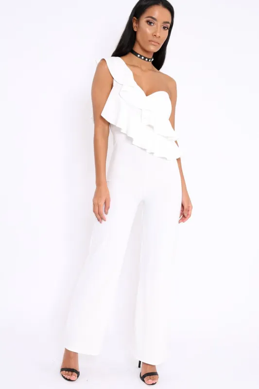 White One Shoulder Ruffle Jumpsuit - Shelley sold by Rebellious Fashion