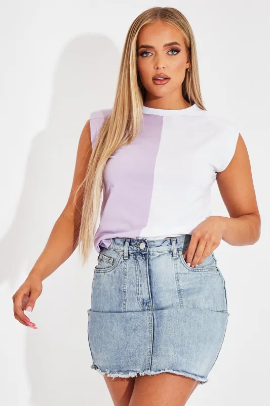 Lilac Half Splice Contrast Shoulder Pad Oversized T-shirt - Amzie sold by Rebellious Fashion