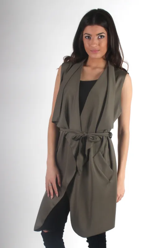 Francesca Khaki Sleevless Waterfall Jacket sold by Rebellious Fashion