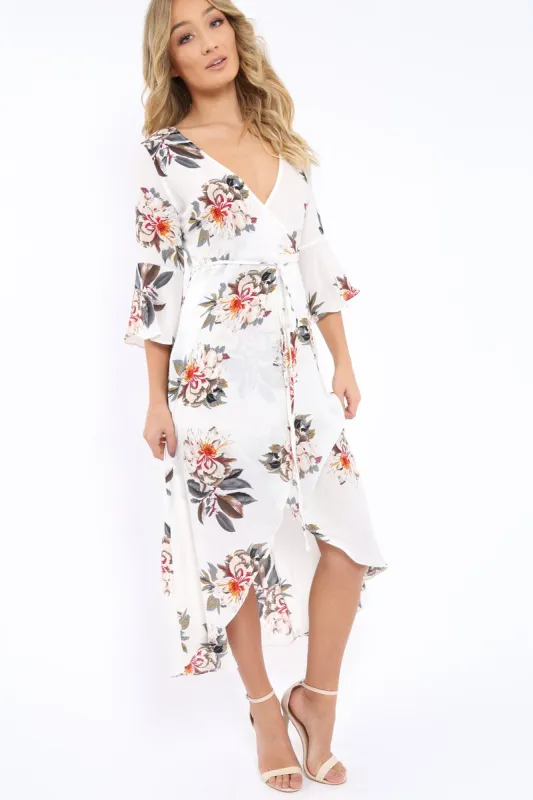 White Floral Wrap Dress - Adley sold by Rebellious Fashion