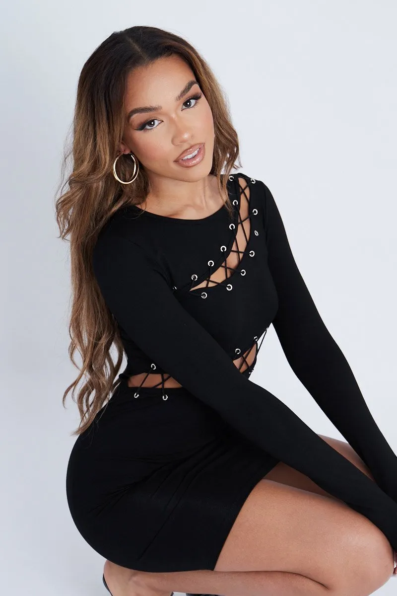 Black Lace Up Detail Mini Dress - Tari sold by Rebellious Fashion product image thumbnail 4