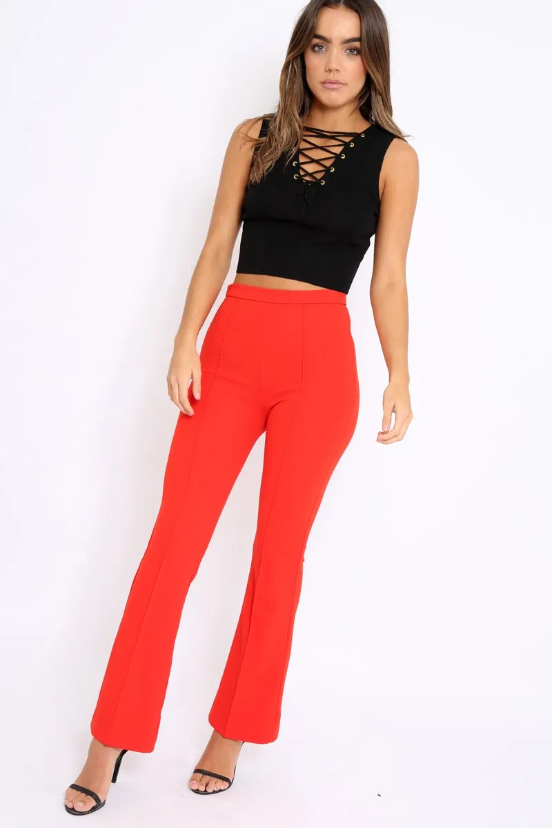 Red Tailored High Waist Flare Trousers - Adela sold by Rebellious Fashion