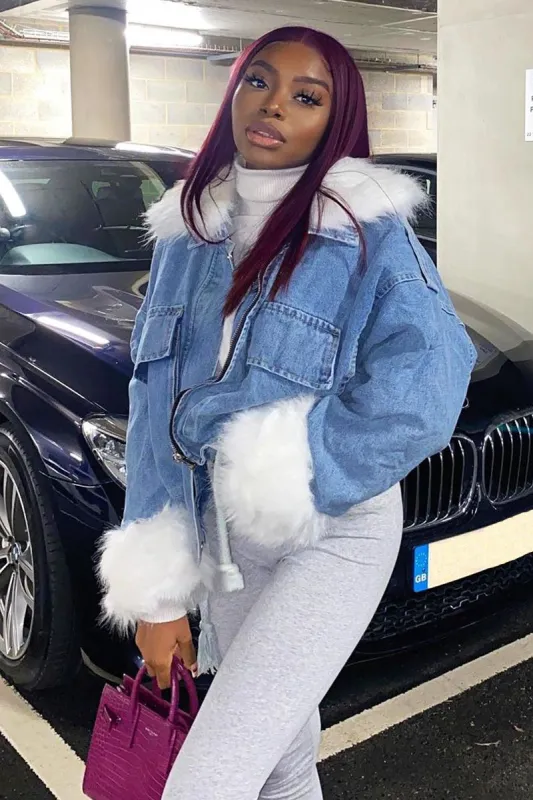 Blue Denim Fur Trim Coat - Khaira sold by Rebellious Fashion