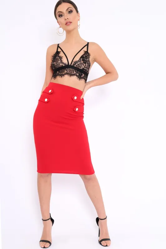 Red Midi Bodycon Skirt with Button Detailing - Yasmina sold by Rebellious Fashion