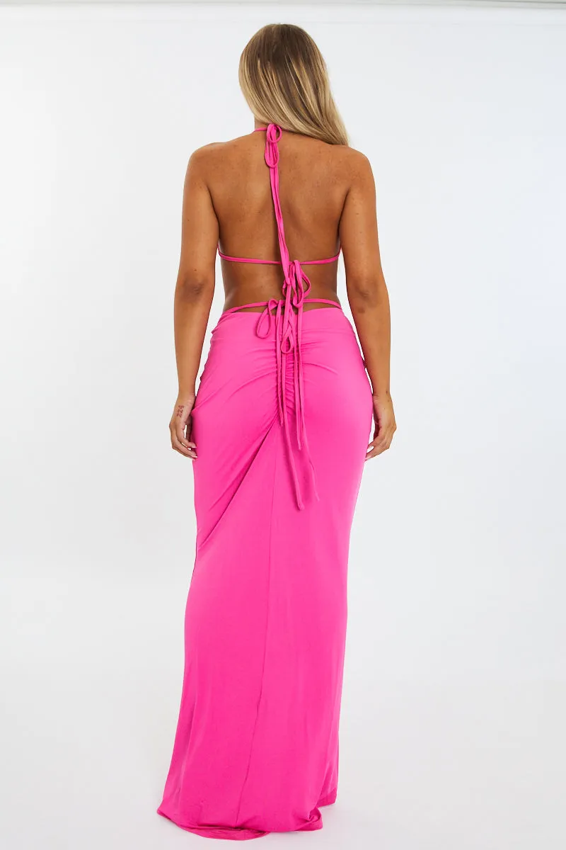 Pink Halter Neck Crop Top & Tie Waist Ruched Bum Maxi Skirt Set - Tilly sold by Rebellious Fashion product image thumbnail 5