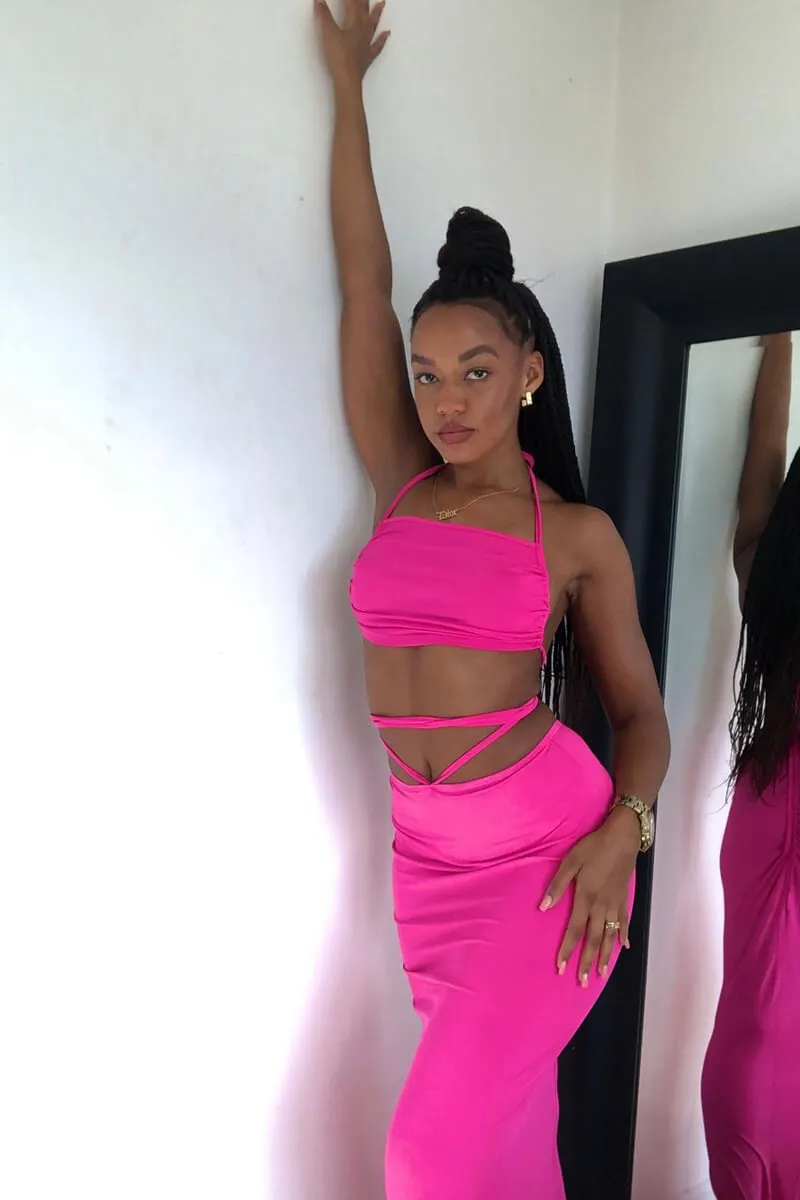 Pink Halter Neck Crop Top & Tie Waist Ruched Bum Maxi Skirt Set - Tilly sold by Rebellious Fashion product image thumbnail 2