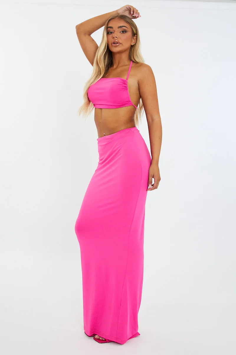 Pink Halter Neck Crop Top & Tie Waist Ruched Bum Maxi Skirt Set - Tilly sold by Rebellious Fashion product image thumbnail 3