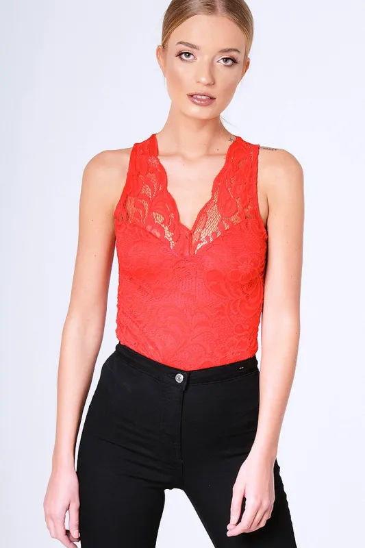 Red Lace Bodysuit - Aubrey sold by Rebellious Fashion