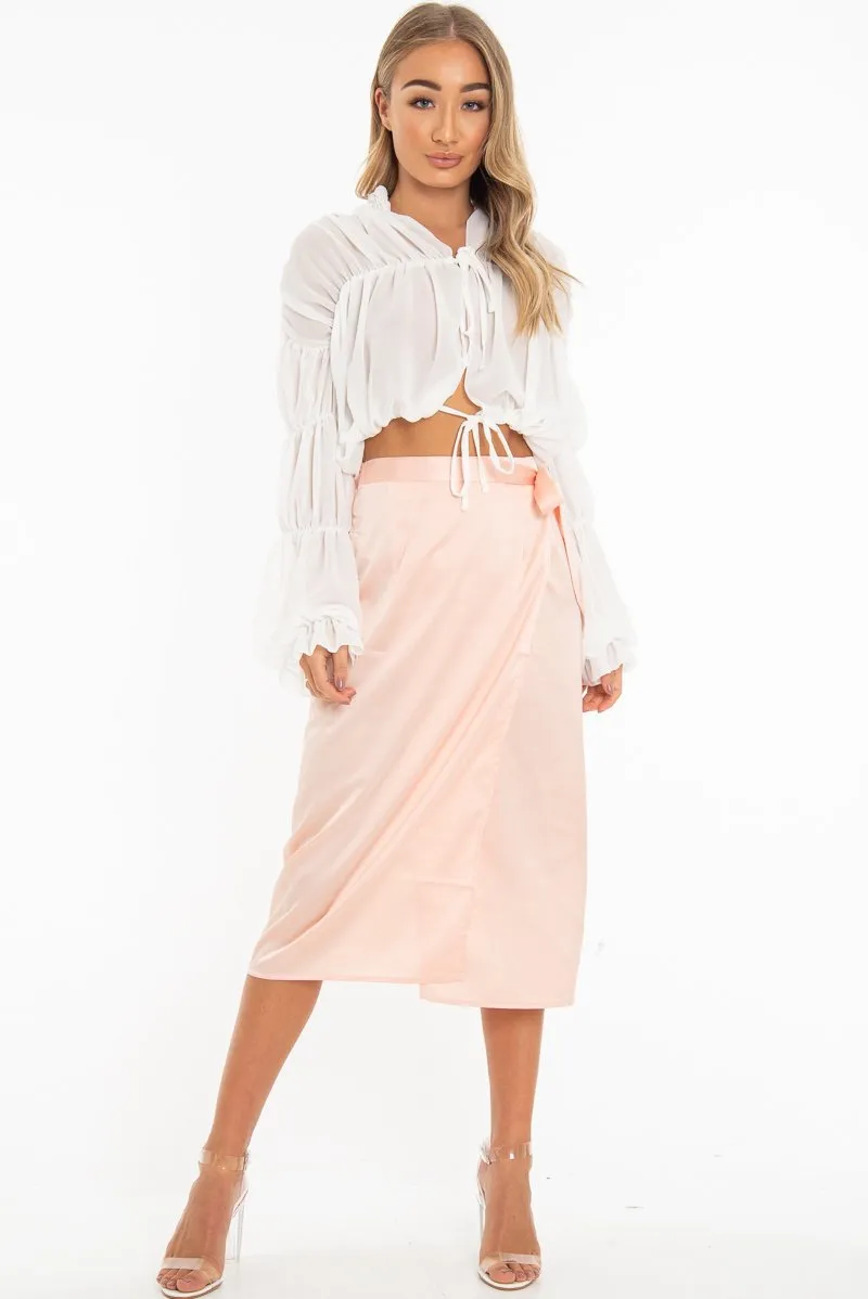 White Chiffon Balloon Sleeve Crop Tie Front Blouse - Amelia sold by Rebellious Fashion product image thumbnail 2