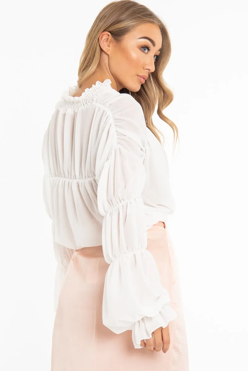 White Chiffon Balloon Sleeve Crop Tie Front Blouse - Amelia sold by Rebellious Fashion product image thumbnail 5
