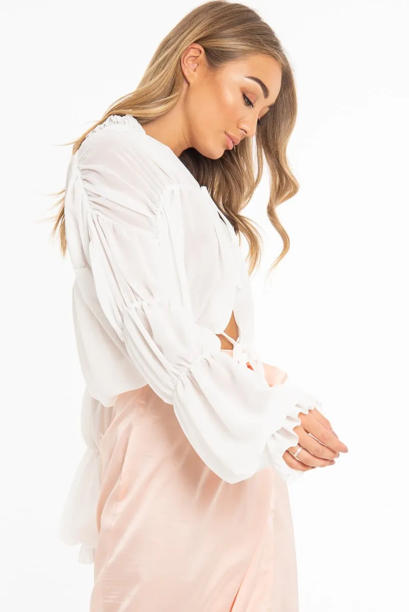White Chiffon Balloon Sleeve Crop Tie Front Blouse - Amelia sold by Rebellious Fashion product image thumbnail 4