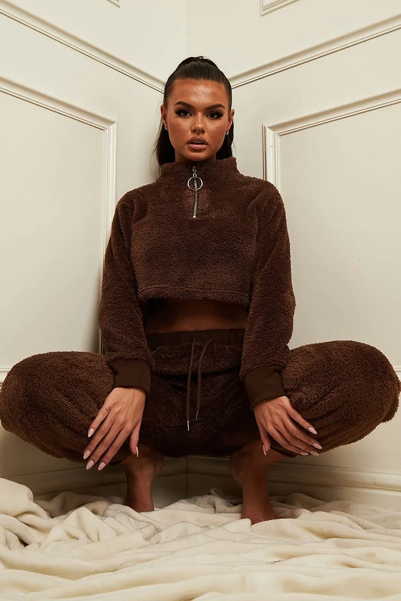 Chocolate Cropped Zip Front Teddy Jumper - Brady sold by Rebellious Fashion product image thumbnail 5
