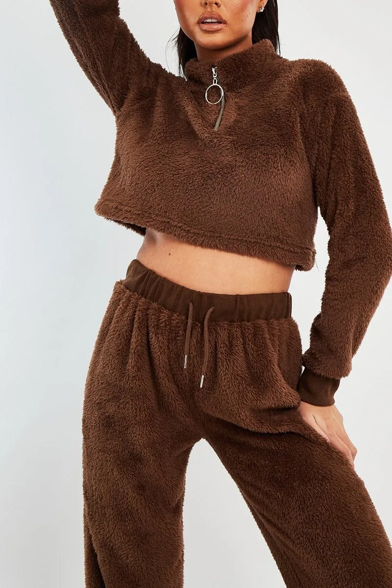 Chocolate Cropped Zip Front Teddy Jumper - Brady sold by Rebellious Fashion product image thumbnail 4