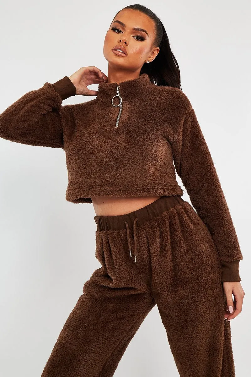 Chocolate Cropped Zip Front Teddy Jumper - Brady sold by Rebellious Fashion product image thumbnail 2