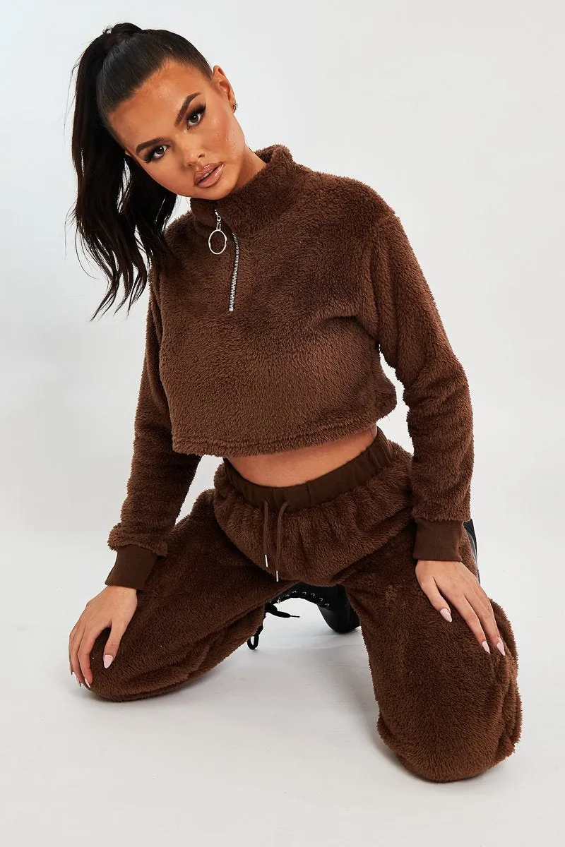 Chocolate Cropped Zip Front Teddy Jumper - Brady sold by Rebellious Fashion