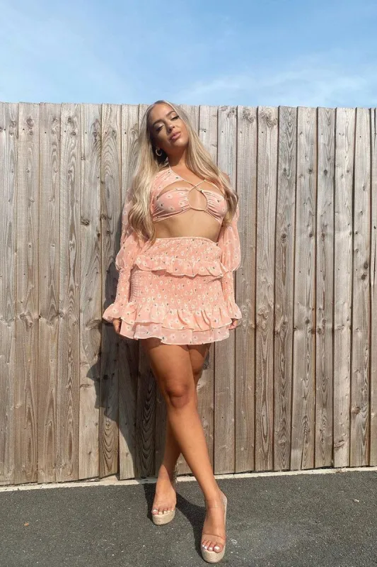 Pink Floral Print Lace Up Crop Top & Shirred Skirt Set - Adelei sold by Rebellious Fashion