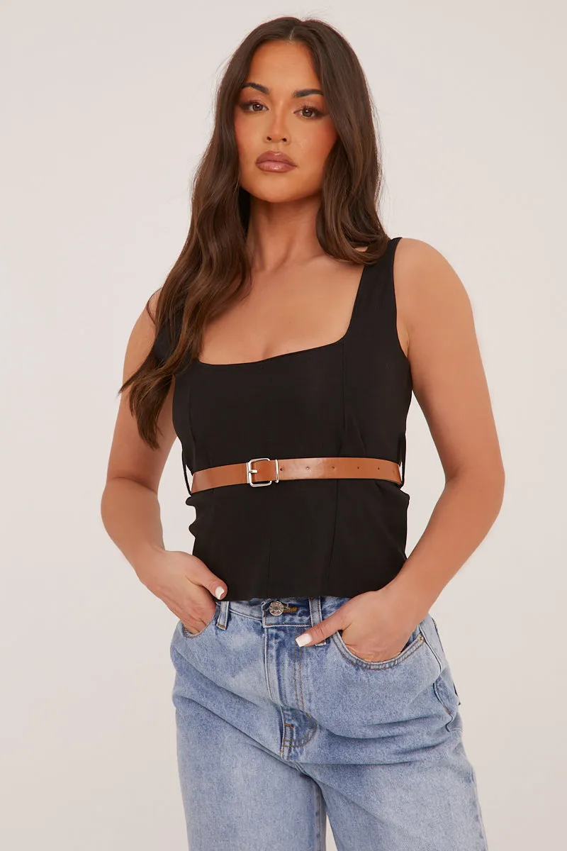 Black Belt Detail Square Neck Sleeveless Top - Lucee sold by Rebellious Fashion