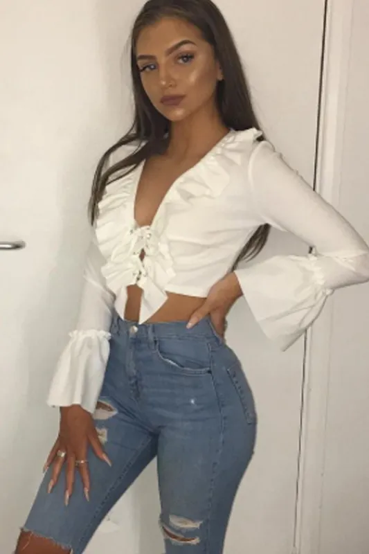 White Tie Front Bell Sleeve Crop Top - Angelina sold by Rebellious Fashion