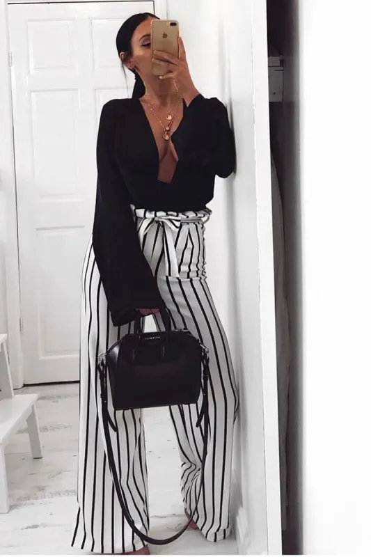 White and Black Stripe Paper Bag Tie Waist Wide Leg Trousers - Kennedy sold by Rebellious Fashion