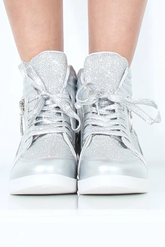 Silver Sparkly High Top Trainers - Cassey sold by Rebellious Fashion