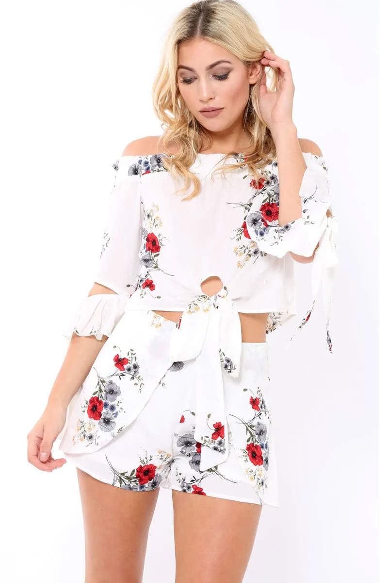White Floral Print Tie Crop Top- Joney sold by Rebellious Fashion