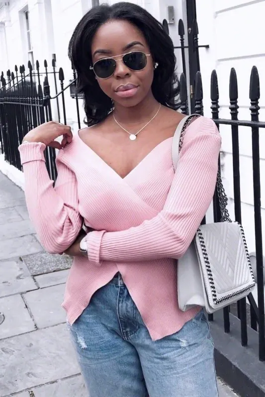 Rose Ribbed Thin Knit Wrap Top - Jordi sold by Rebellious Fashion