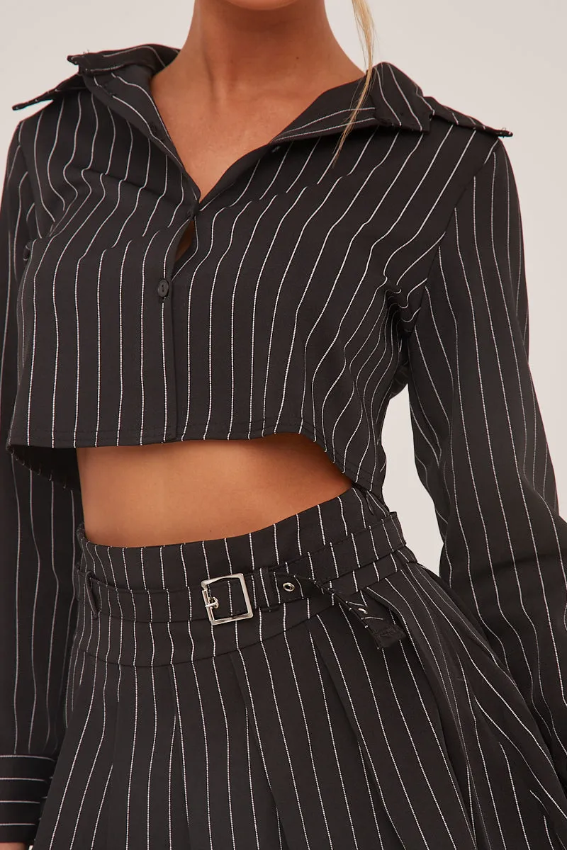 Black Striped Button Up Shirt & Pleated Mini Skirt Co-ord Set - Nancy sold by Rebellious Fashion product image thumbnail 3