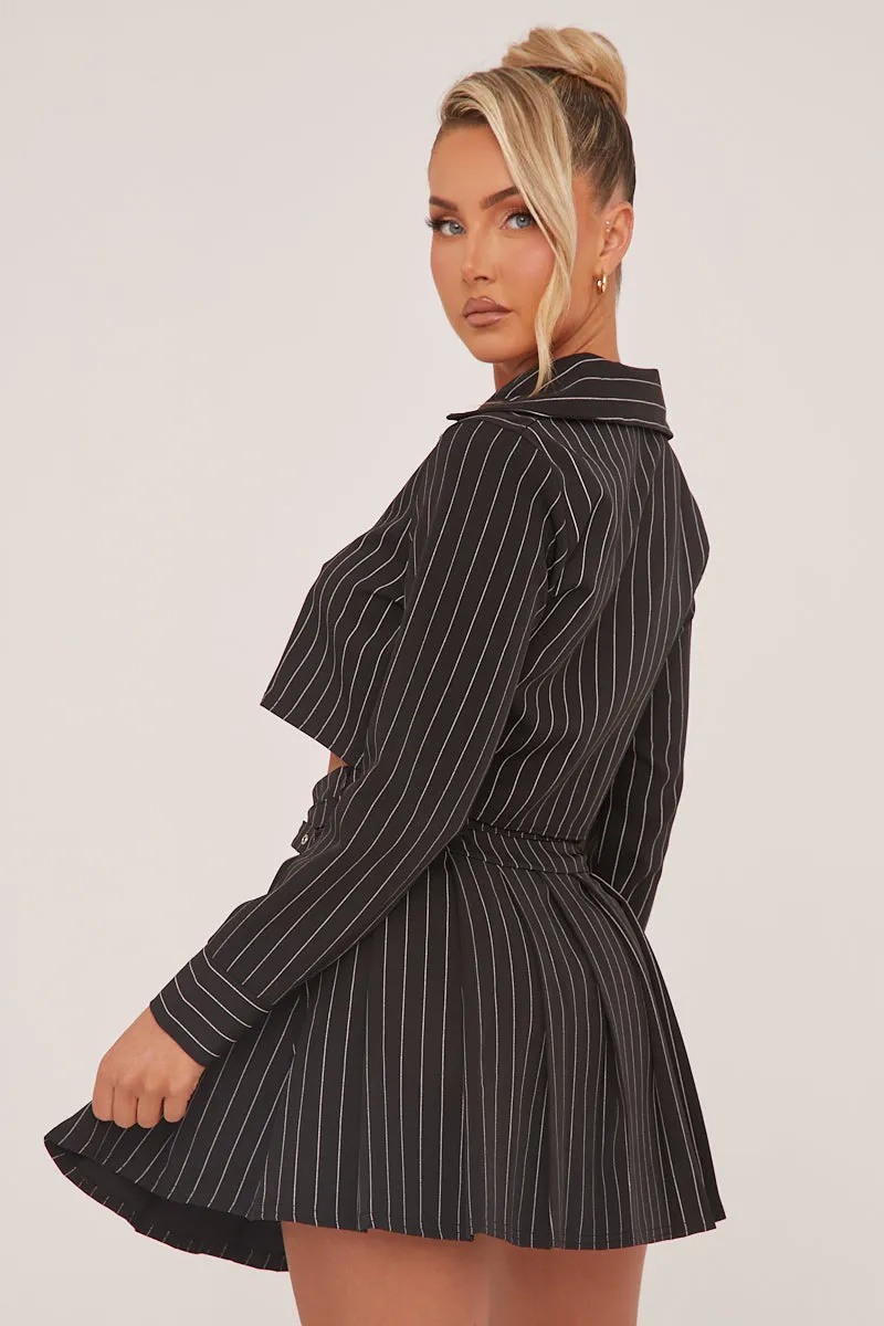 Black Striped Button Up Shirt & Pleated Mini Skirt Co-ord Set - Nancy sold by Rebellious Fashion product image thumbnail 4