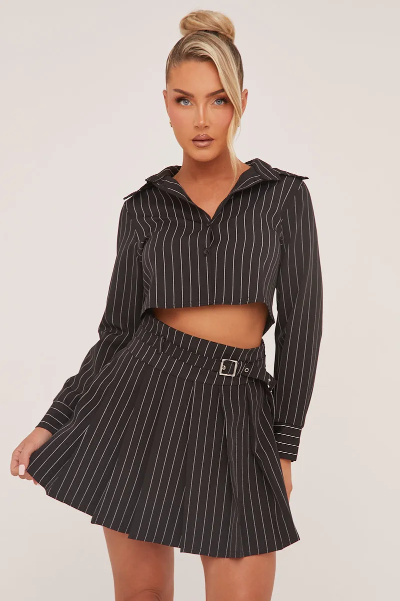 Black Striped Button Up Shirt & Pleated Mini Skirt Co-ord Set - Nancy sold by Rebellious Fashion product image thumbnail 2