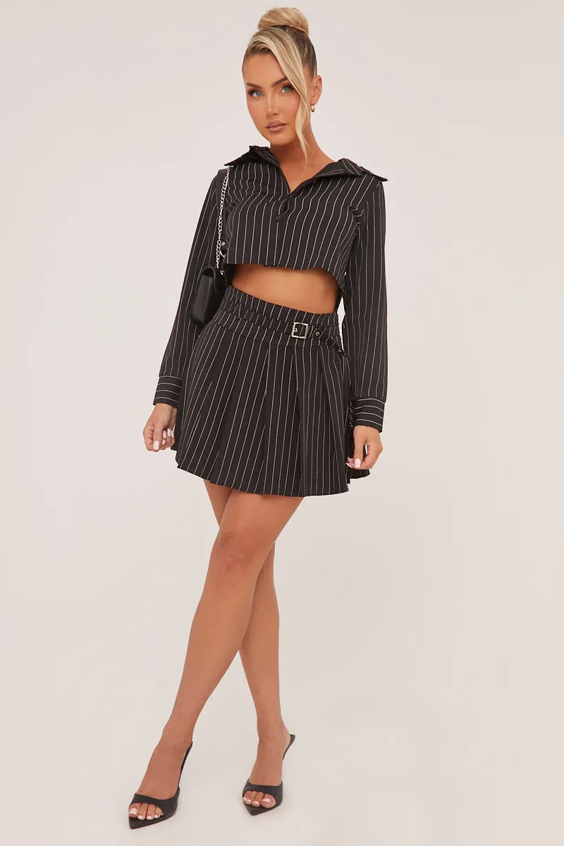 Black Striped Button Up Shirt & Pleated Mini Skirt Co-ord Set - Nancy sold by Rebellious Fashion