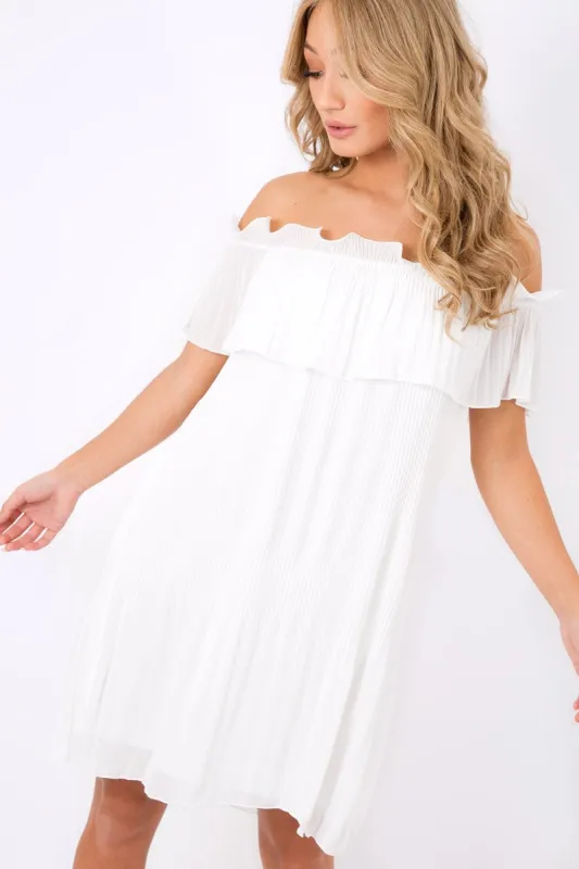White Crinkle Bardot Ruffle Trim Dress - Kelsey sold by Rebellious Fashion