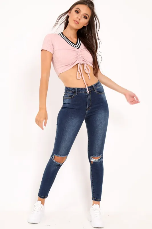 Pink Ribbed Varsity Stripe Crop Top - Corene made by Rebellious Fashion
