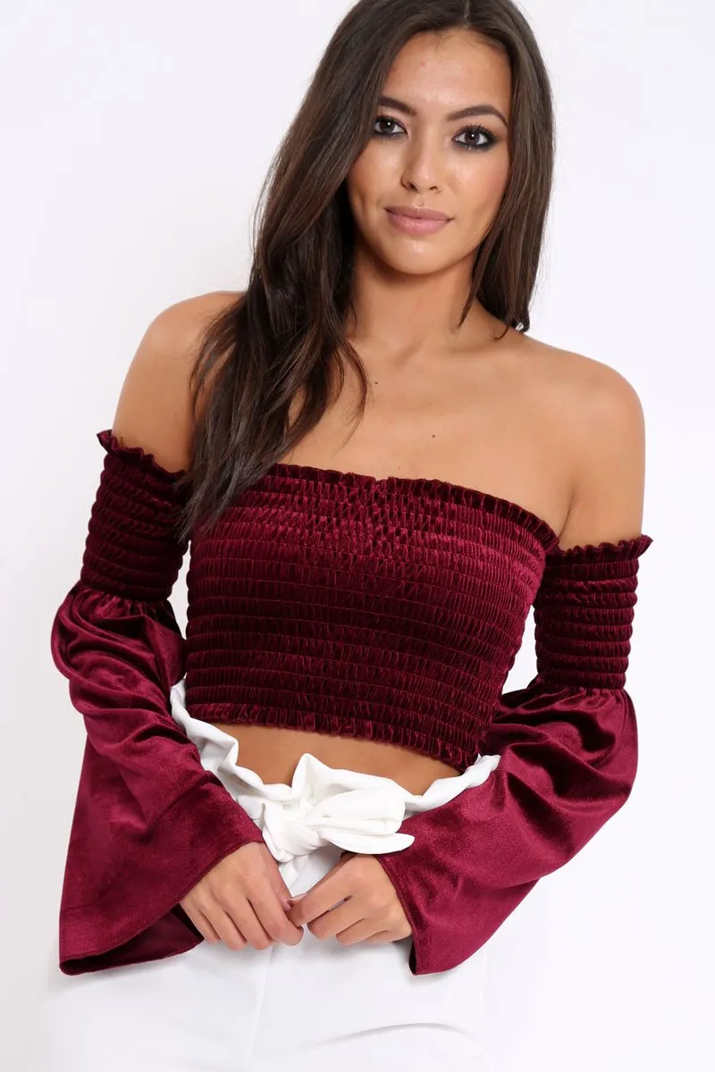 Purple Velvet Bardot Shirred Crop Top with Flared Sleeves - Shera sold by Rebellious Fashion