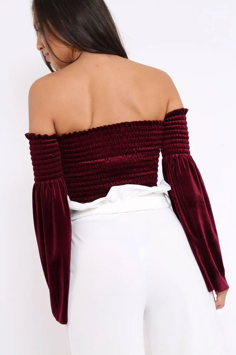 Purple Velvet Bardot Shirred Crop Top with Flared Sleeves - Shera sold by Rebellious Fashion product image thumbnail 4