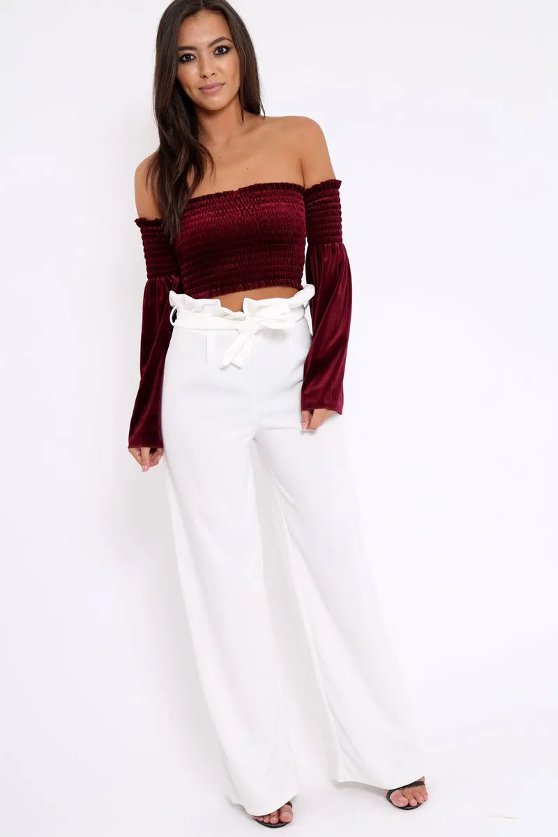 Purple Velvet Bardot Shirred Crop Top with Flared Sleeves - Shera sold by Rebellious Fashion product image thumbnail 2
