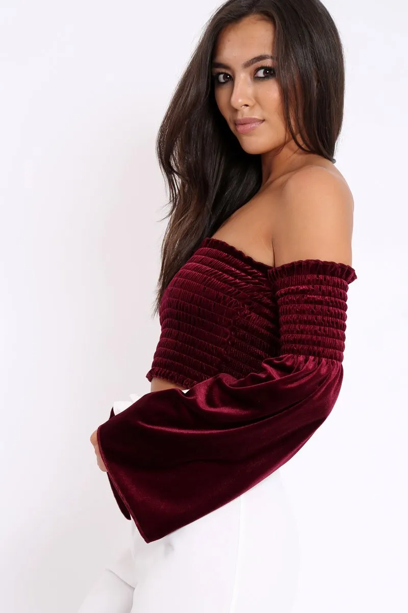 Purple Velvet Bardot Shirred Crop Top with Flared Sleeves - Shera sold by Rebellious Fashion product image thumbnail 3