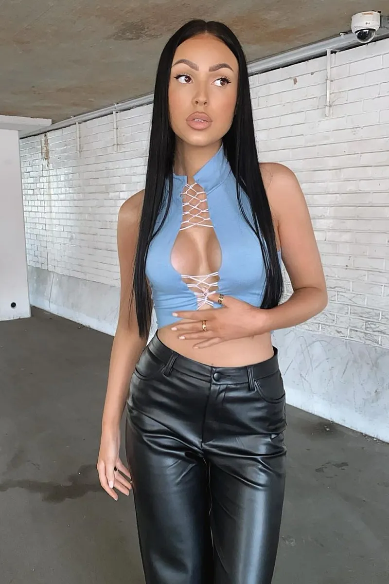 Blue High Neck Lace Up Detail Sleeveless Crop Top - Jeniya sold by Rebellious Fashion