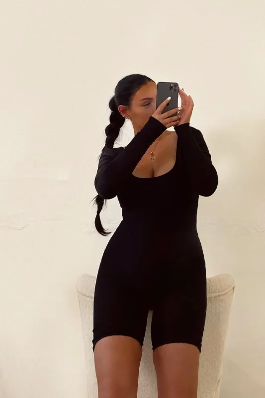 Black Scoop Neck Long Sleeve Unitard - Esme sold by Rebellious Fashion
