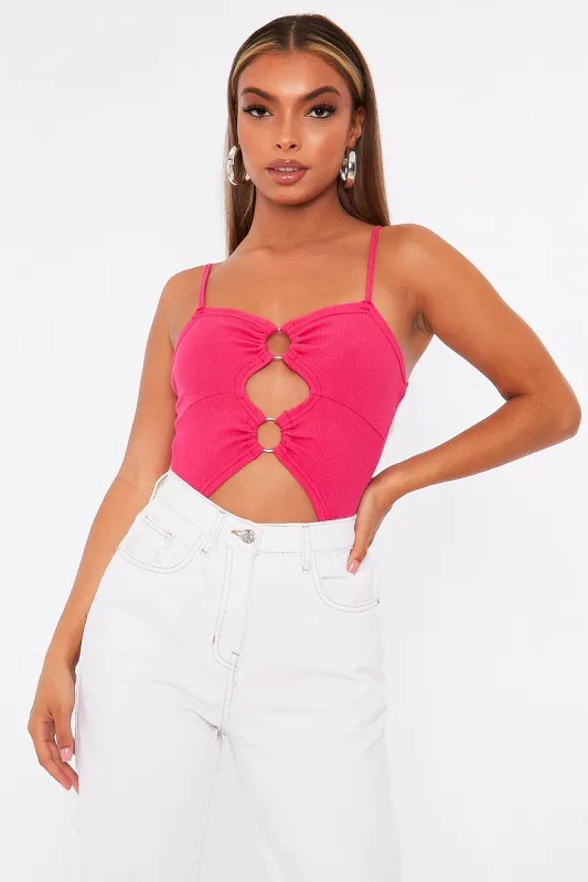 Pink Front Ring Cut Out Ribbed Bodysuit - Ruba sold by Rebellious Fashion