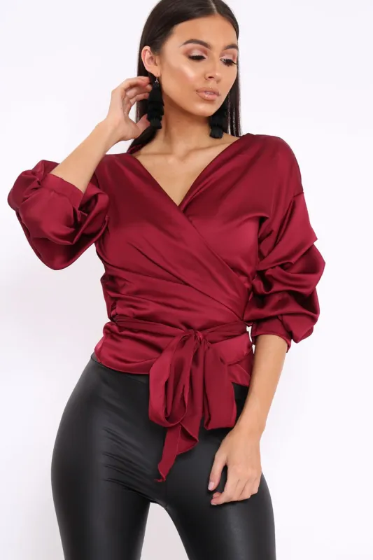 Wine Satin Ruffle Sleeve Wrapover Top - Susie sold by Rebellious Fashion