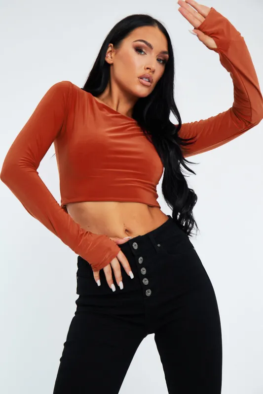 Rust Slinky Thumb Hole Long Sleeve Crop Top - Kacci sold by Rebellious Fashion