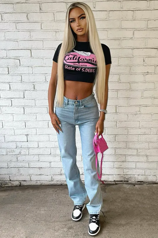 Black California Print Crop T-Shirt - Bay sold by Rebellious Fashion